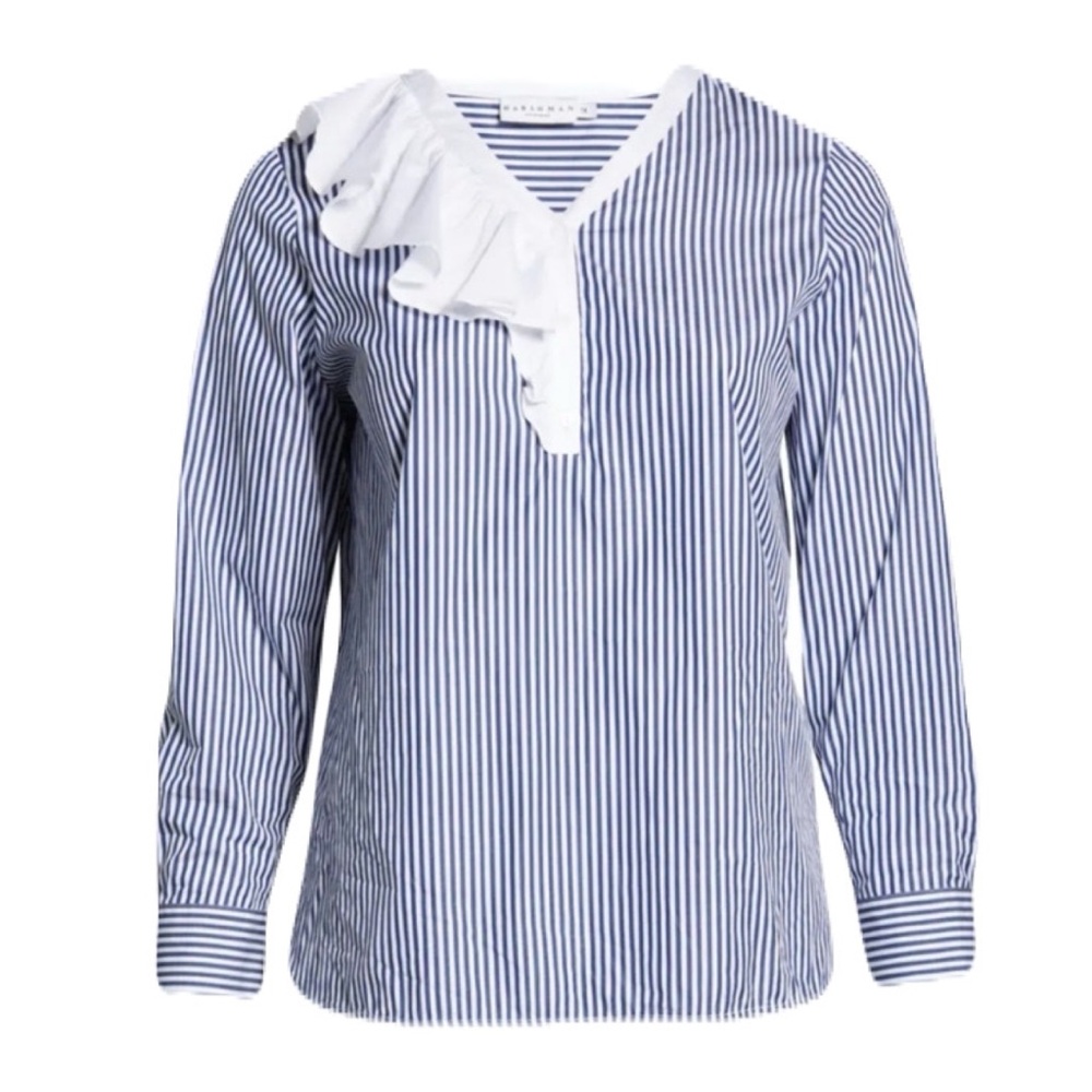 NWT Harshman Womens XS Striped Navy & White Ruffle-Trim Vivienne Popover Blouse